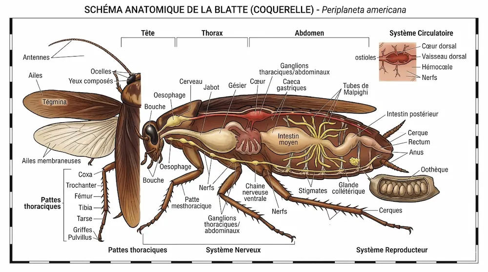 Schéma anatomique de la blatte (cafard/coquerelle)
