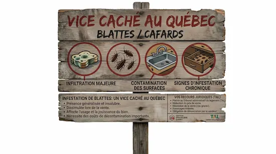Infestation sévère de blattes dans une cuisine, souvent classée comme vice caché