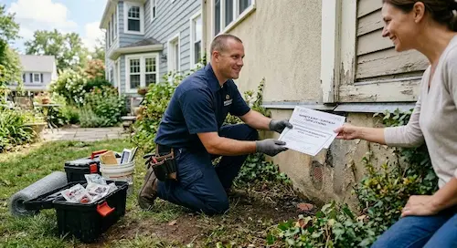 Technicien exterminateur certifié remettant un rapport de dératisation officiel et une garantie écrite