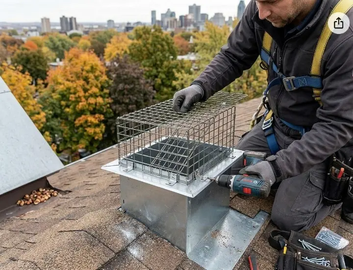Technicien exterminateur installant une porte unidirectionnelle en métal sur un évent de toiture pour exclure des écureuils sans cruauté au Québec